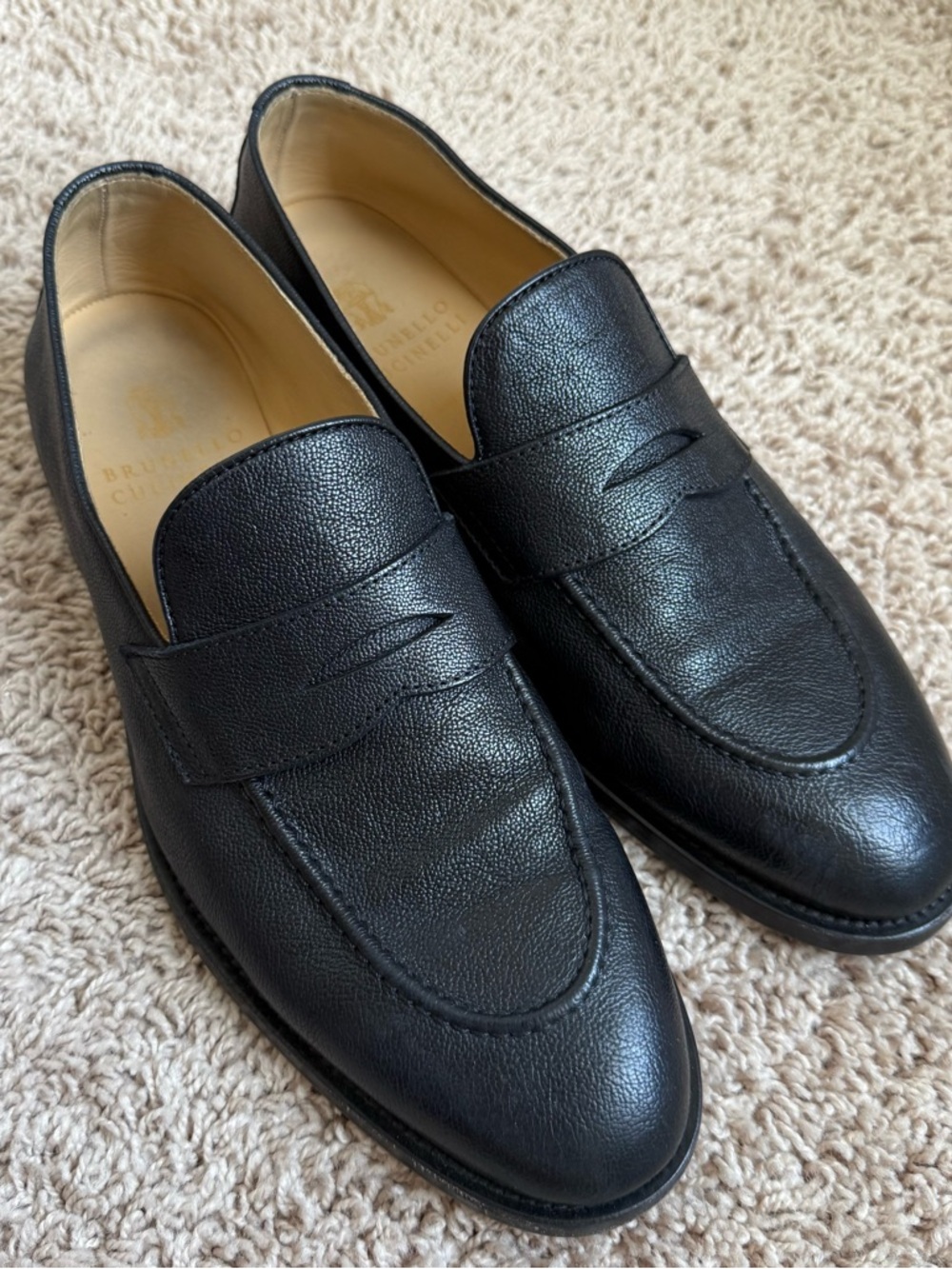 Brunello Cucinelli Black Pebbled Leather Penny Loafers